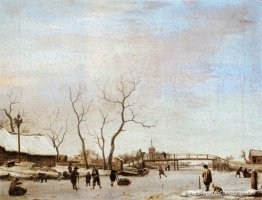 Bevroren kanaal met schaatsers en hockeyspelers Bevroren kanaal met schaatsers en hockeyspelers