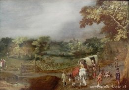Een zomers dorpslandschap met paard Een zomers dorpslandschap met paard