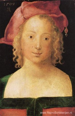 Sta oog in oog met een jong meisje met een rode baret Sta oog in oog met een jong meisje met een rode baret