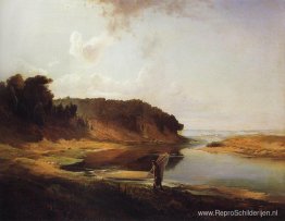 Landschap met een rivier en een visser Landschap met een rivier en een visser