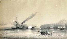 Stoomschip Kolkhida vecht tegen de Turkse boten bij het St. Nich Stoomschip Kolkhida vecht tegen de Turkse boten bij het St. Nich