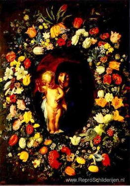 Madonna en Kind omkranst met bloemen Madonna en Kind omkranst met bloemen