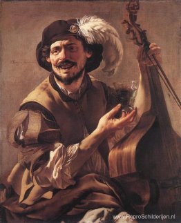 Een lachende Bravo met een basviool en een glas Een lachende Bravo met een basviool en een glas