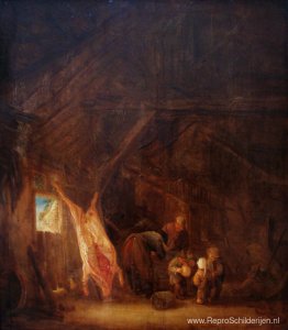 Een schuurinterieur met een geslacht varken en daarbuiten spelen Een schuurinterieur met een geslacht varken en daarbuiten spelen