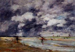 Kust bij eb, regenachtig weer, in de buurt van Trouville Kust bij eb, regenachtig weer, in de buurt van Trouville