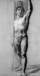 Mannelijk naakt dat zijn arm opsteekt