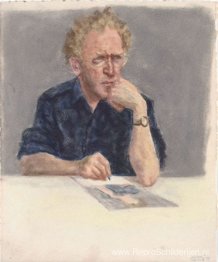 Zelfportret in blauw shirt, zittend, tekenen