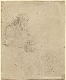 Oude man in meditatie, leunend op een boek