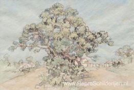 Landschap met bomen en verre huisjes