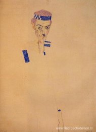 Man met blauwe hoofdband en hand op de wang