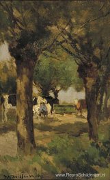 Koeien melken onder de wilgen