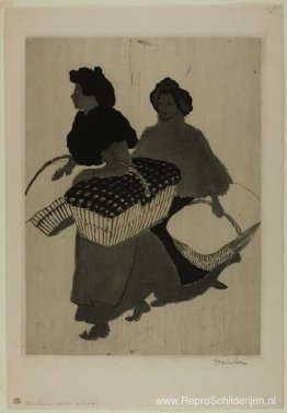Wasvrouwen dragen linnen