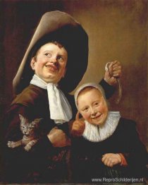 Een jongen en een meisje met een kat en een paling