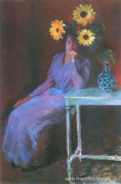 Portret van Suzanne Hoschede met zonnebloemen