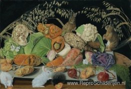 Stilleven met groenten, muizen en konijnen