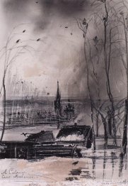 Rooks is gearriveerd. Landschap met kerk