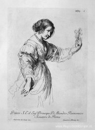 Halffiguur van een vrouw die een bloem vasthoudt