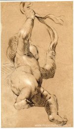 Schets van Putto met een sjerp in beide handen, van onderaf gezi