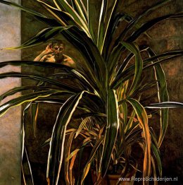 Interieur met plant, reflectie luisteren (zelfportret)