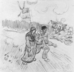 Paar arm in arm en andere figuren, met een windmolen op de achte