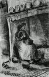 Interieur met boerenvrouw zittend bij de open haard