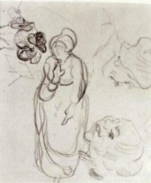 Studie van een staande vrouw, twee hoofden, nog een figuur