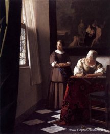 Dame schrijft een brief met haar dienstmeisje