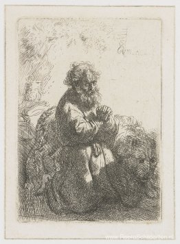 St. Jerome knielt in gebed en kijkt naar beneden