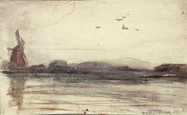Rivierlandschap met molen