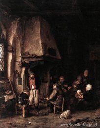 Interieur van een boerderij met schaatsers