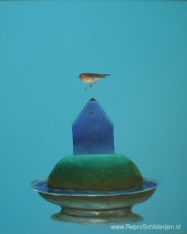 Vogel met ring en blauw huis