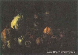 Stilleven met een mandje appels en twee pompoenen