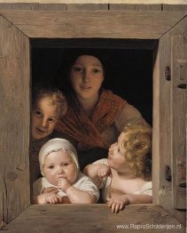 Jonge boerin met drie kinderen bij het raam