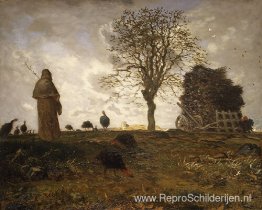 Herfstlandschap met een kudde kalkoenen