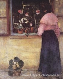 Meisje bij het raam met bloem