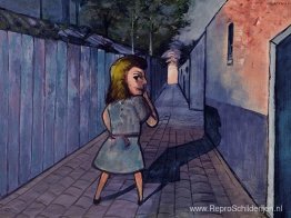 Schoolmeisje in een steegje