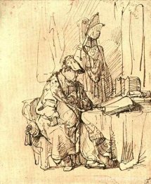Een man zit aan een tafel bedekt met boeken