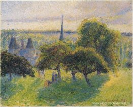 Boerderij en torenspits bij zonsondergang Boerderij en torenspits bij zonsondergang