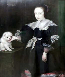 Portret van een elfjarig meisje met een hond, gekleed in Spaanse Portret van een elfjarig meisje met een hond, gekleed in Spaanse