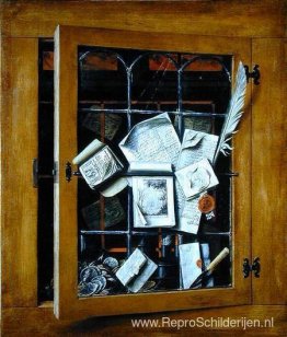 Een trompe l'oeil van een open glazen kastdeur, met talrijke pap Een trompe l'oeil van een open glazen kastdeur, met talrijke pap