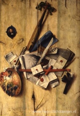 Trompe l'oeil met viool, schildersgerei en zelfportret Trompe l'oeil met viool, schildersgerei en zelfportret