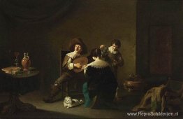 Interieur met een heer die op een luit speelt en een zingende da Interieur met een heer die op een luit speelt en een zingende da