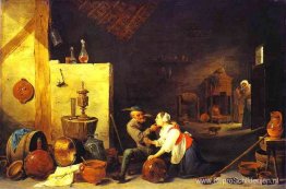 Een oude boer streelt een keukenmeisje in een stal Een oude boer streelt een keukenmeisje in een stal