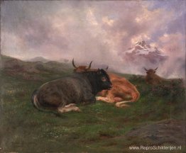 Vee in rust op een heuvel in de Alpen, 1885 Vee in rust op een heuvel in de Alpen, 1885