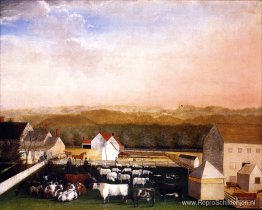 Een meiochtendoverzicht van de boerderij en het vee van David Le Een meiochtendoverzicht van de boerderij en het vee van David Le