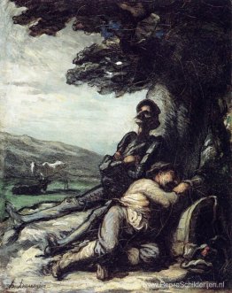 Don Quixote en Sancho Pansa rusten uit onder een boom Don Quixote en Sancho Pansa rusten uit onder een boom