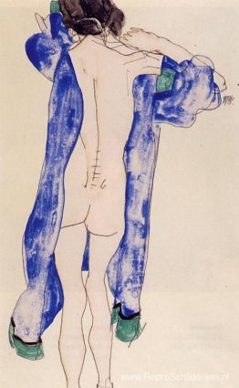 Staand vrouwelijk naakt in een blauw gewaad Staand vrouwelijk naakt in een blauw gewaad