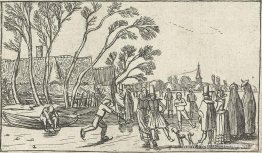 Schaatsers op het ijs bij een boerderij Schaatsers op het ijs bij een boerderij