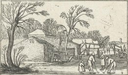 Kolfschaatsers en spelers op het ijs op de boerenerven Kolfschaatsers en spelers op het ijs op de boerenerven