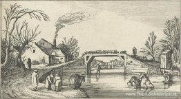 Landschap met schaatsers op een brug met schapen Landschap met schaatsers op een brug met schapen